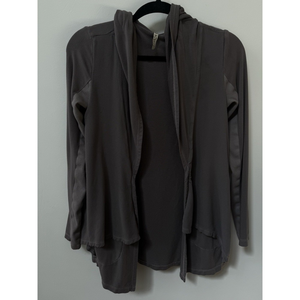 XCVI Womens Open Front Gray Asymmetrical Lagenlook Cardigan Sustainable Hood XS